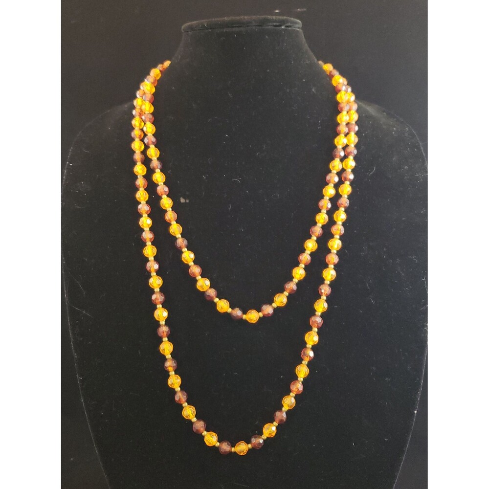 Vintage Unsigned 56" Long Strand Brown, Orange Gold Tone Plastic Bead Necklace